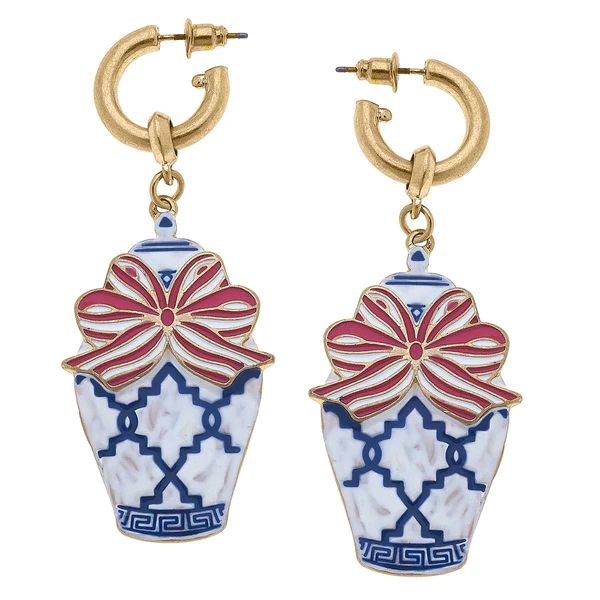 Noelle Temple Jar Earrings in Blue, White & Pink Enamel | CANVAS