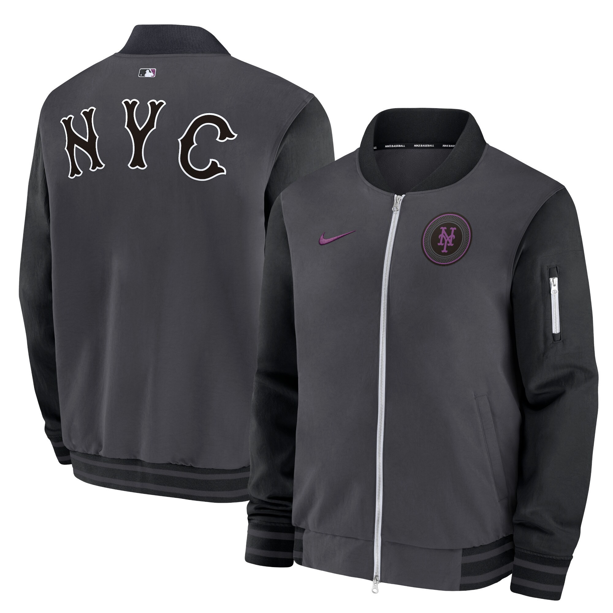 Men's New York Mets  Nike Charcoal 2024 City Connect Game Time Full-Zip Bomber Jacket | MLB Shop