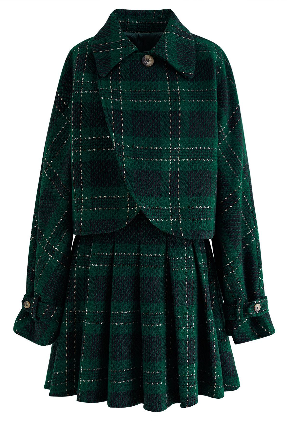 Metallic Plaid Tweed Crop Jacket and Pleated Skirt Set in Green | Chicwish