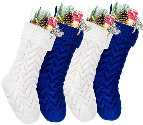 Kunyida Christmas Stockings, 18 Inch White and Blue Cable Knitted Stockings for Xmas Holiday Decoration, 4 Pack | Amazon (US)