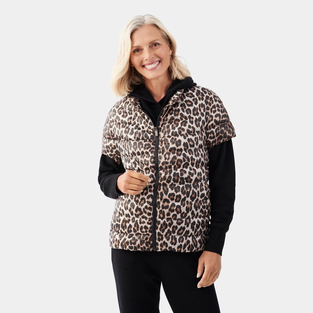 Short Sleeve Quilted Down Puffer Vest in Leopard | Martha