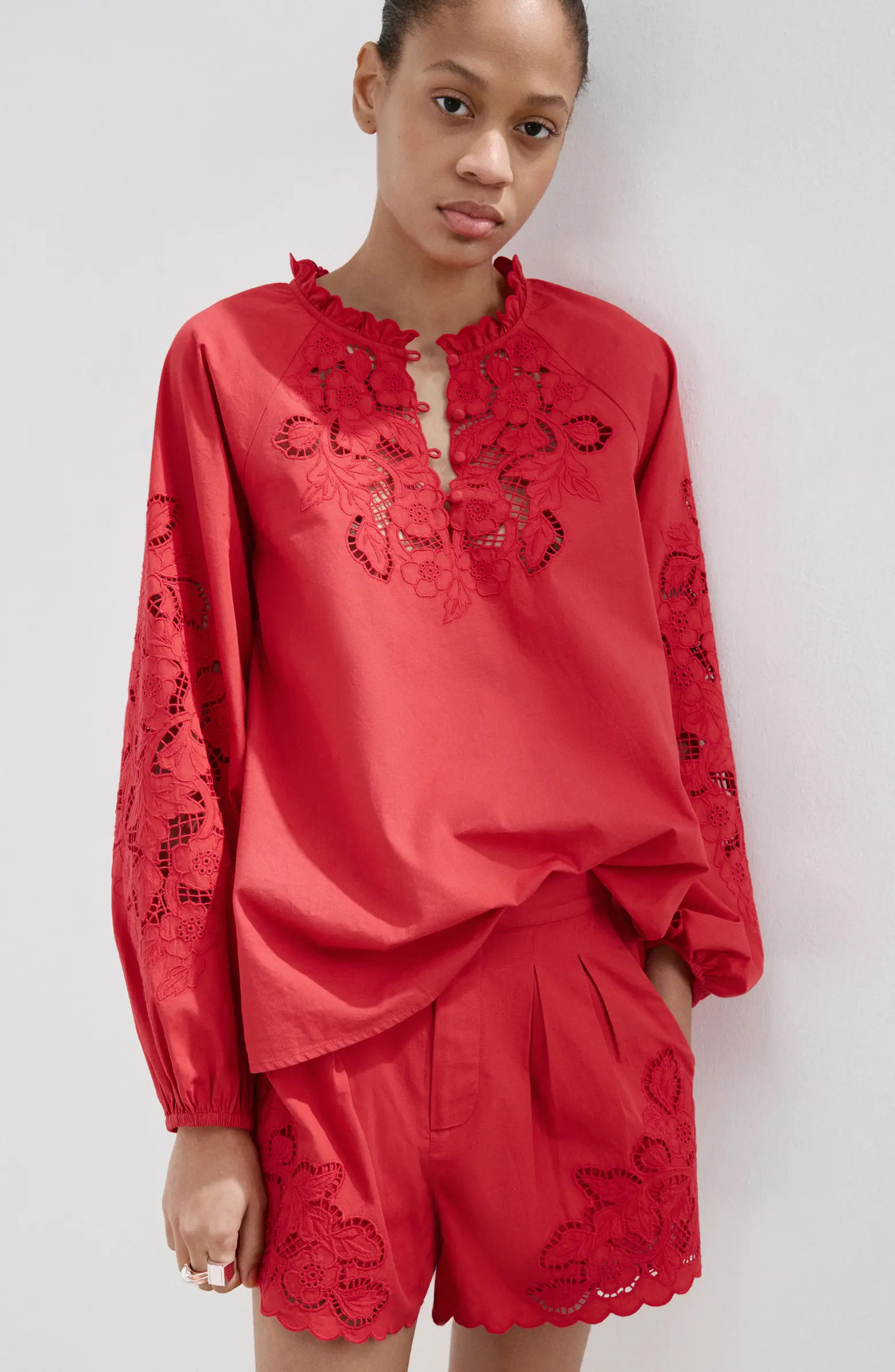 MANGO Cotton Ruffle Trim Broderie Anglaise Top | Nordstrom | Nordstrom