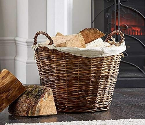 Large Round Brown Rustic Wicker Fireside Log Basket With Removable Washable Cotton Liner & ties, ... | Amazon (UK)