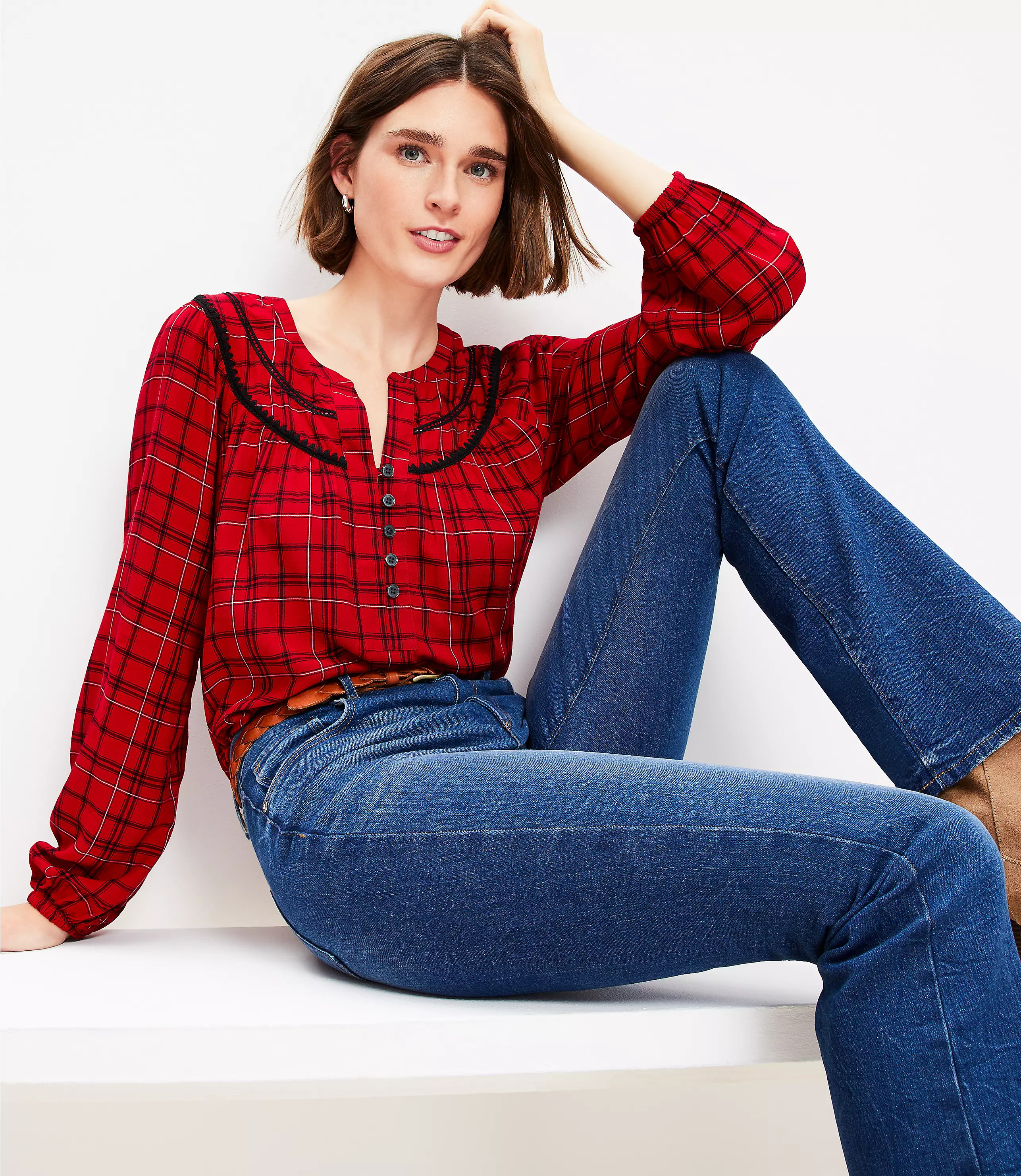 Plaid Stitched Yoke Blouse | LOFT