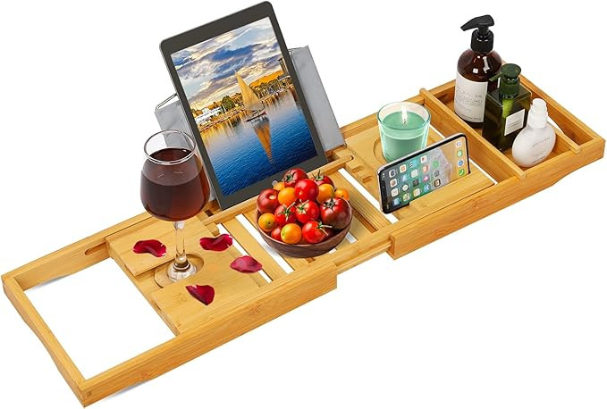 Bamboo Bathtub Caddy Tray Bathroom Organizer with Expandable Sides Holder for Book Glass Towel | Amazon (US)