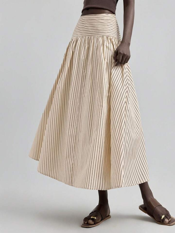 Ontre Women's Black & White Striped A-Line Casual Skirt, Versatile For Graduation, Resort, Summer | SHEIN