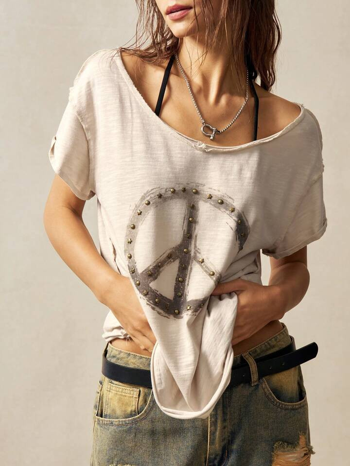 Bohemela Summer Easter Music Festival Off Shoulder Solid Color Knit Oversized Round Neck Short Sleeve Washed Women T-Shirt,Rave Top | SHEIN