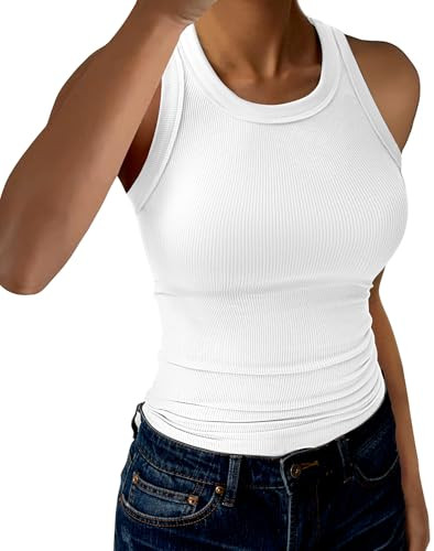 GKBK Womens Tank Tops High Neck Sleeveless Ribbed Tank Casual Basic Thick Strap Slim Fitted Racerback Shirts Solid- White | Amazon (US)