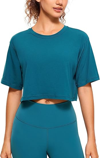 CRZ YOGA Women's Pima Cotton Workout Crop Tops Short Sleeve Yoga Shirts Casual Athletic Running T... | Amazon (US)