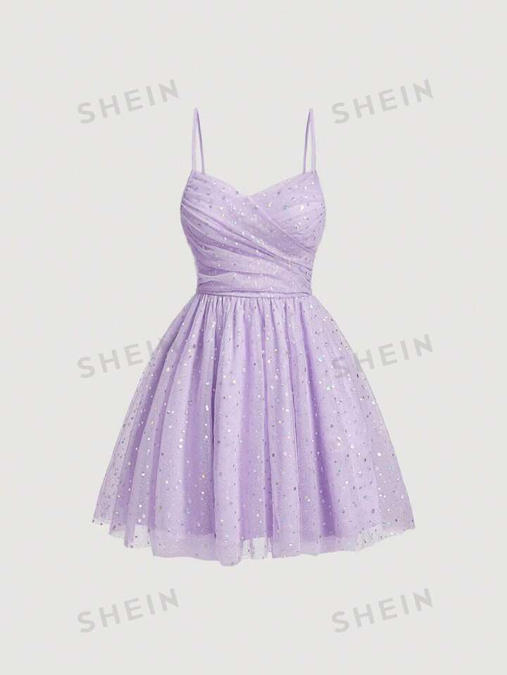 4Joyfunear Lace Up Backless Contrast Sequin Asymmetrical Hem Mesh Cami Dress20+ sold recentlyGBP... | SHEIN