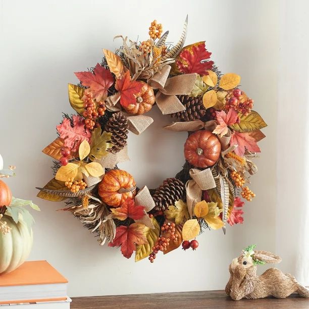 Way to Celebrate Pumpkins and Leaves Harvest Wreath, 24" | Walmart (US)