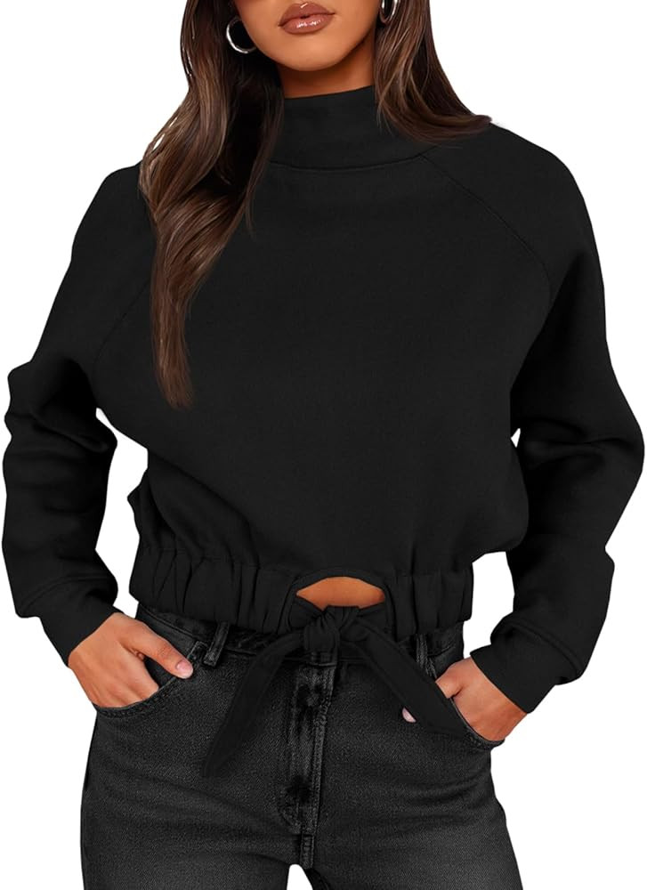 Fisoew Women's Cropped Sweatshirts Casual Turtleneck Fleece Long Sleeve Tie Front Loose Fall Pull... | Amazon (US)