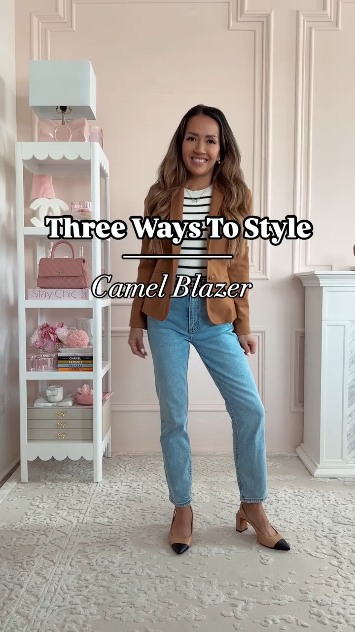 Three ways to style a camel blazer:

Weekend outfit:
Blazer - 00p
Striped bodysuit - XXS
Jeans - 23 short 

Work outfit:
Blazer - 00P
Top - XXS
Pants - 24 short 

Dinner outfit:
Top - XXS
Blazer - 00P
Skort - XXS

#LTKVideo #LTKFindsUnder100 #LTKSaleAlert