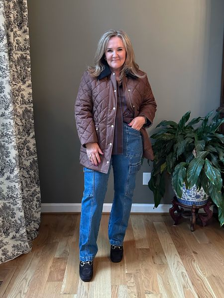 Cozy yet classic quilted fall jacket with removable corduroy collar. Wearing size large petite. 
Jeans are size 31 and right on trend 
Loafers tts 

#LTKmidsize #LTKSeasonal #LTKover40