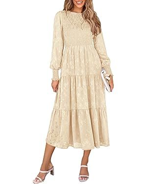 PRETTYGARDEN Women's Fall Midi Dress Long Sleeve Floral Smocked Elegant Wedding Guest Long Flowy ... | Amazon (US)