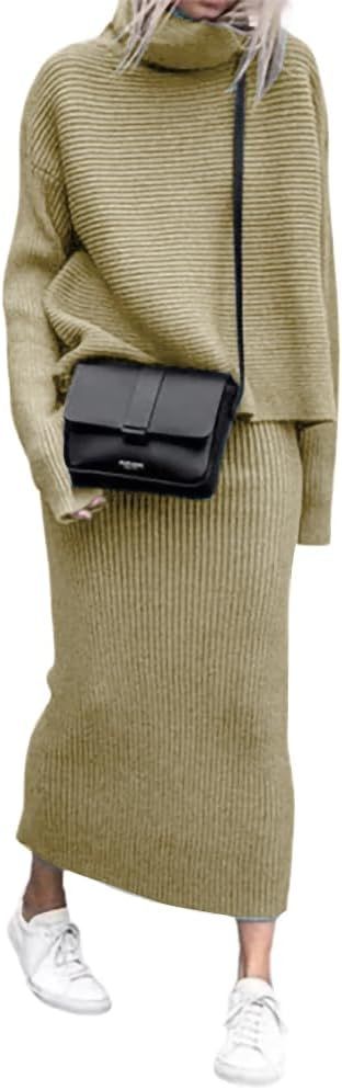 chouyatou Women's Turtleneck 2 Piece Outfits Ribbed Knit Sweater Midi Pencil Skirt Set | Amazon (US)