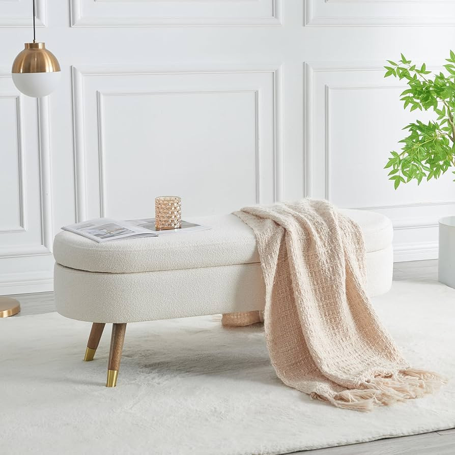 IAFIKE Oval Storage Bench 43.5" Ottoman Bench Upholstered Boucle Fabric Footrest Bench with Golde... | Amazon (US)