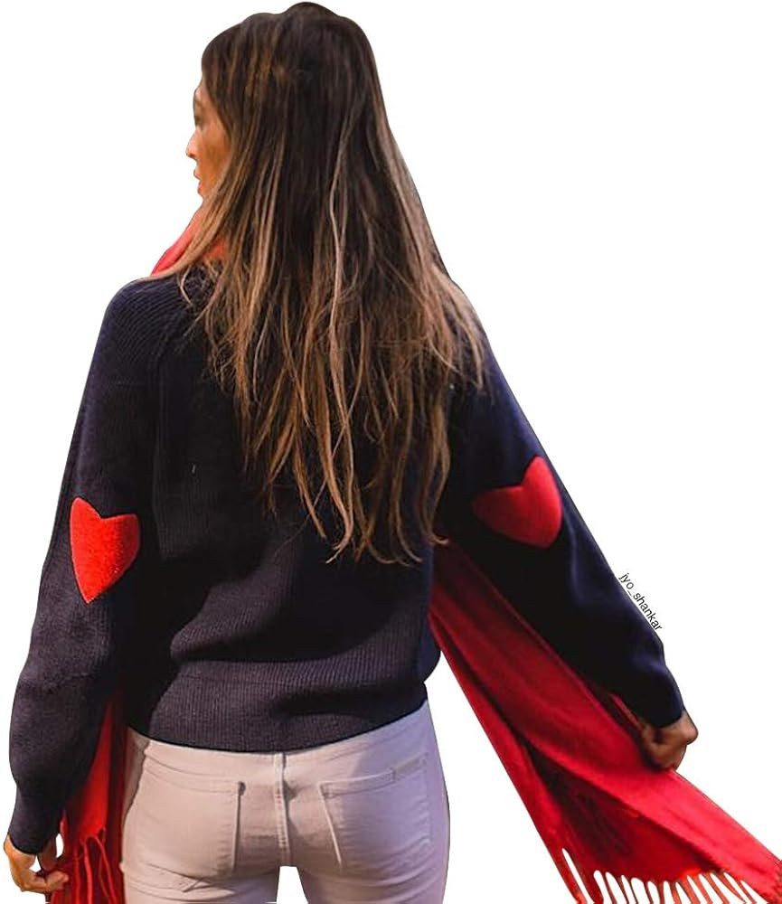 CHICWISH Women Comfy Casual Long Sleeve Heart Shape Patched Grey/White/Navy Knit Top Pullover Swe... | Amazon (US)