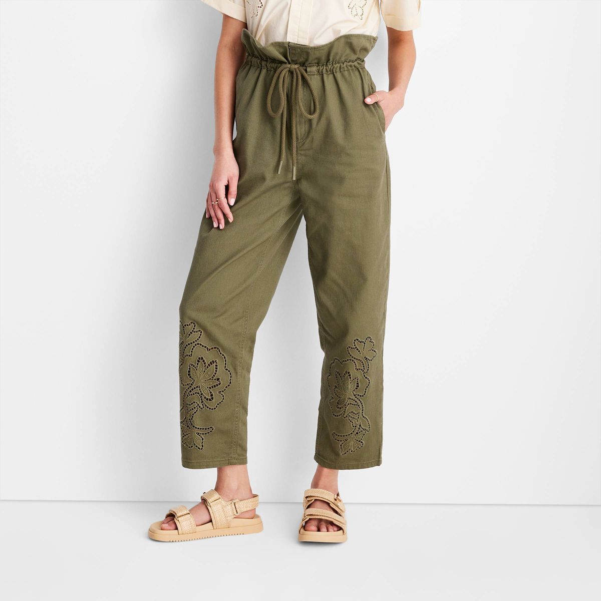 Women's High-Waisted Eyelet Pants - Future Collective™ with Jenny K. Lopez Olive Green 14 | Target