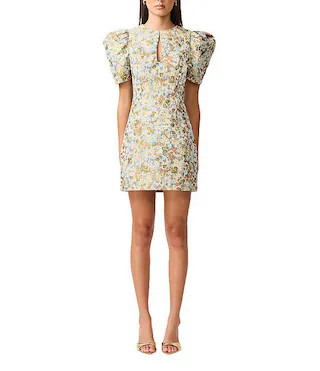 Tasmin Floral Jacquard Round Keyhole Neck Short Puff Sleeve Mini Dress | Dillard's