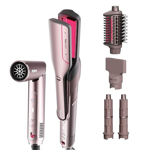 Shark FlexFusion Hair Straightener & Powerful Hair Dryer with Fusion Hair Brush, Ceramic Air Styler with Auto-Wrap Curlers & Concentrator, Ceramic Plates, Cosmic Blush HD641S | Amazon (US)