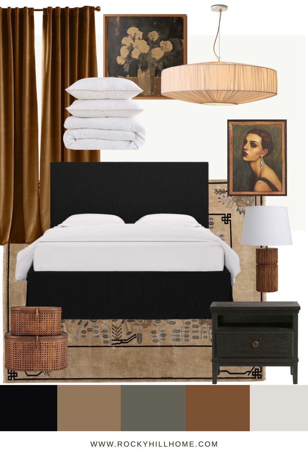 A rich, moody bedroom palette featuring caramel velvet curtains, black upholstery, warm wood accents, vintage inspired rug, and classic artwork.

#LTKHome