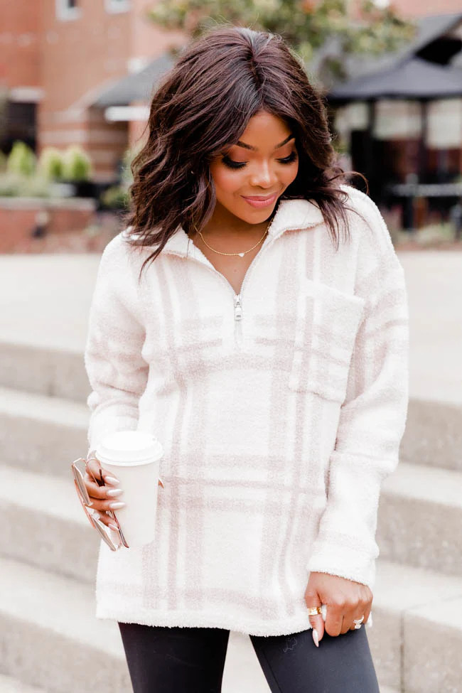 All In Love Oatmeal Fuzzy Plaid Quarter Zip Pullover | Pink Lily