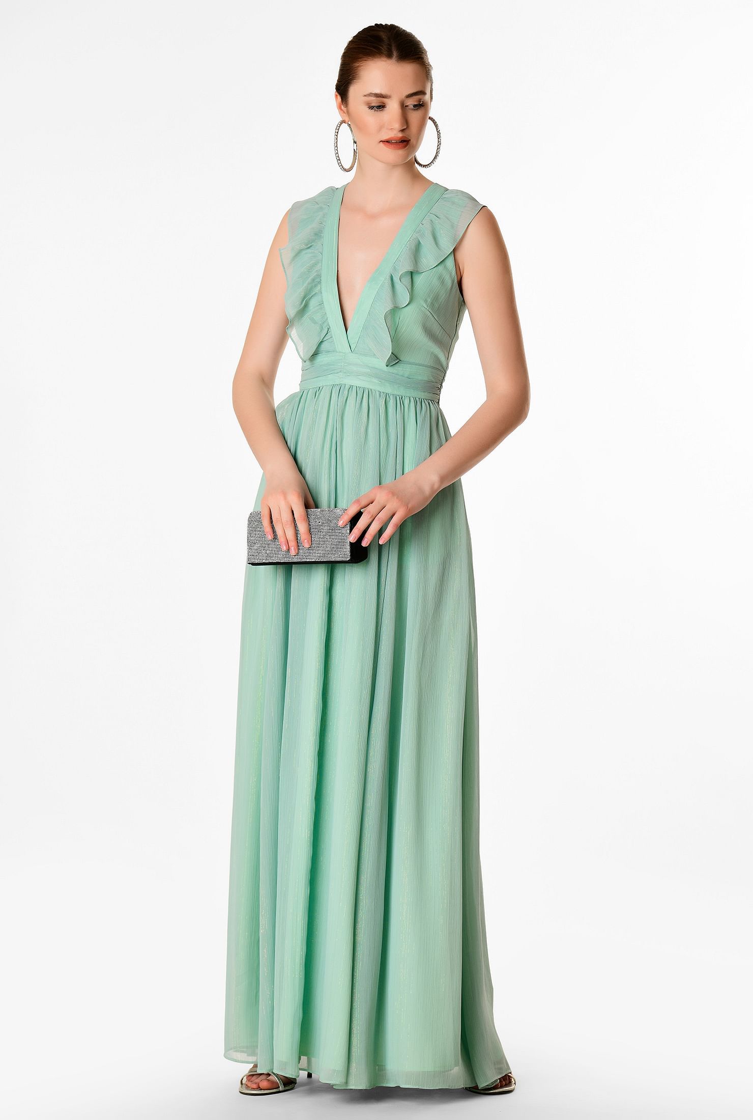 Ruffle plunge chiffon maxi dress | eShakti