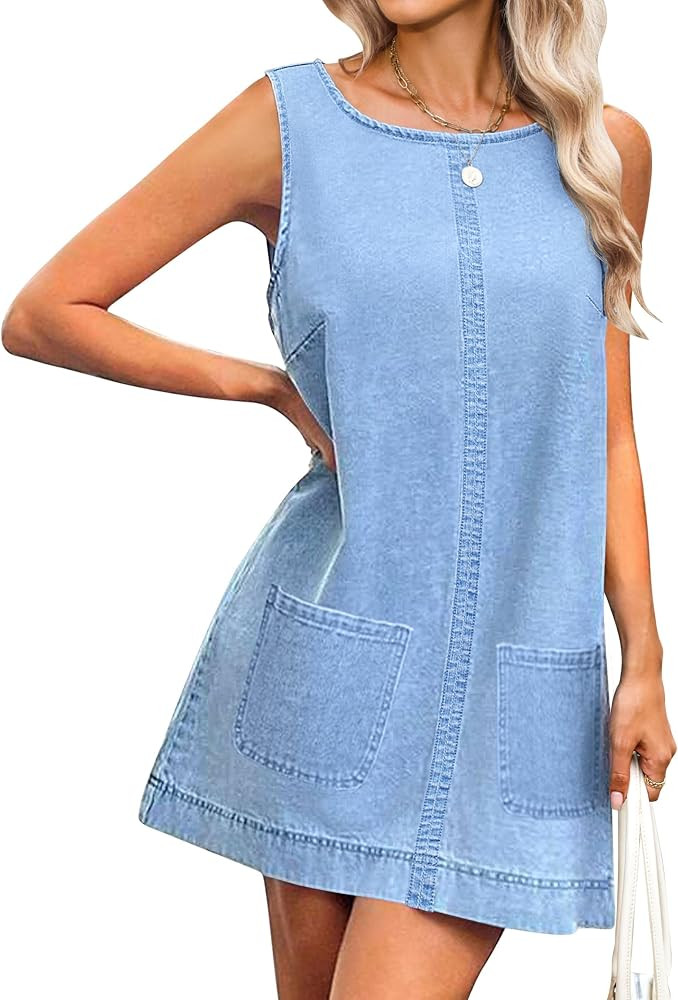 Womens Sleeveless Casual Denim Dress - Summer Crewneck Vintage Loose Jean Romper Overall Dress wi... | Amazon (US)
