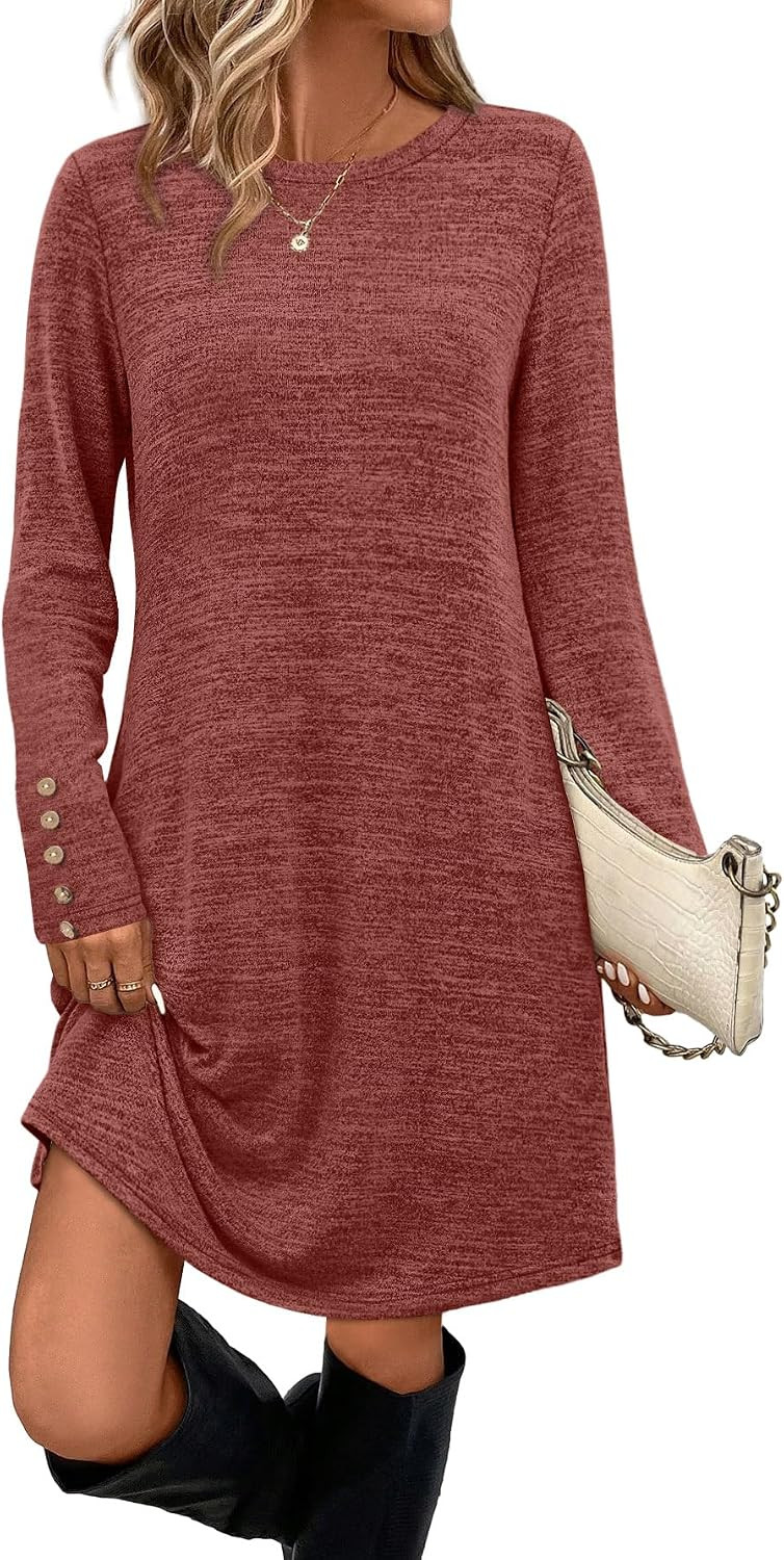 OFEEFAN Long Sleeve Dress for Women Crew Neck Tunic Dress with Pockets Decorative Buttons | Amazon (US)