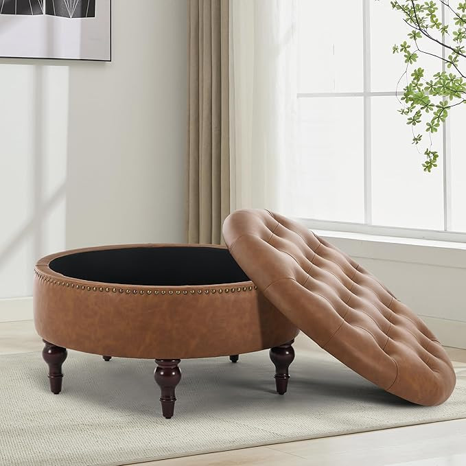 31.5" Large Round Storage Ottoman, Upholstered Tufted PU Ottoman Coffee Table, Large Footrest wit... | Amazon (US)