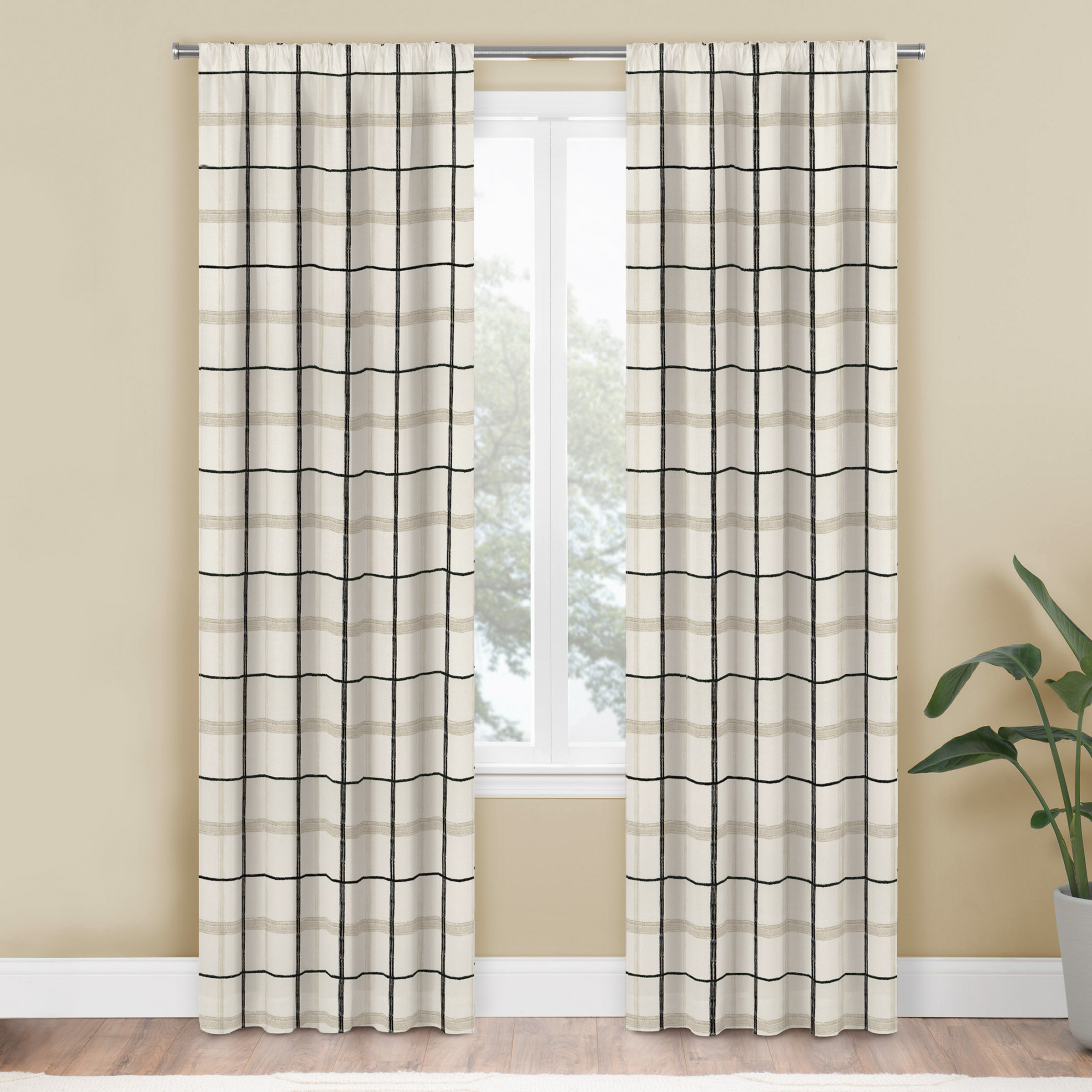 Mainstays Farmhouse Beige Plaid Light Filtering Rod Pocket Panel Pair, 76" x 84" | Walmart (US)
