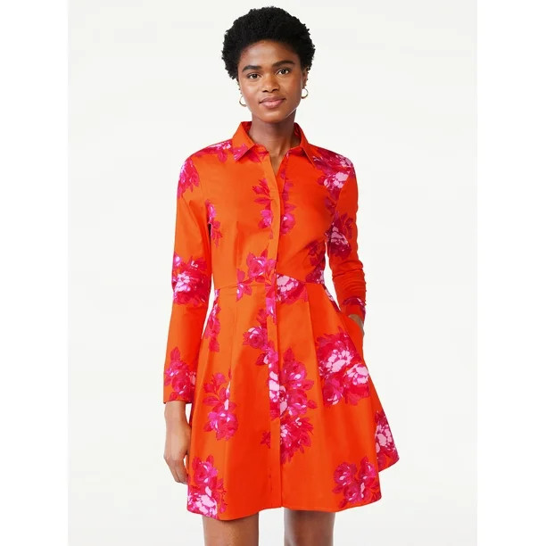 Scoop Women's Long Sleeve Fit and Flare Poplin Short Shirt Dress | Walmart (US)