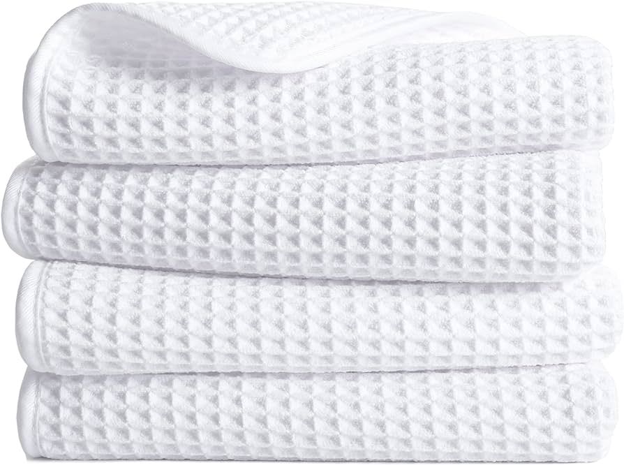 POLYTE Microfiber Lint Free Hand Towel, 16 x 30 in, 4 Pack (White, Waffle Weave) | Amazon (US)
