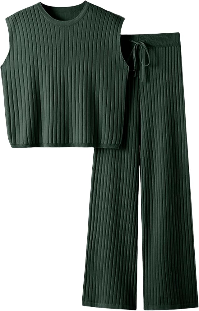 Dqbeng Women's 2 Piece Outfits Sweater Sets Knit Sleeveless Pullover Tops High Waist Pants Lounge... | Amazon (US)