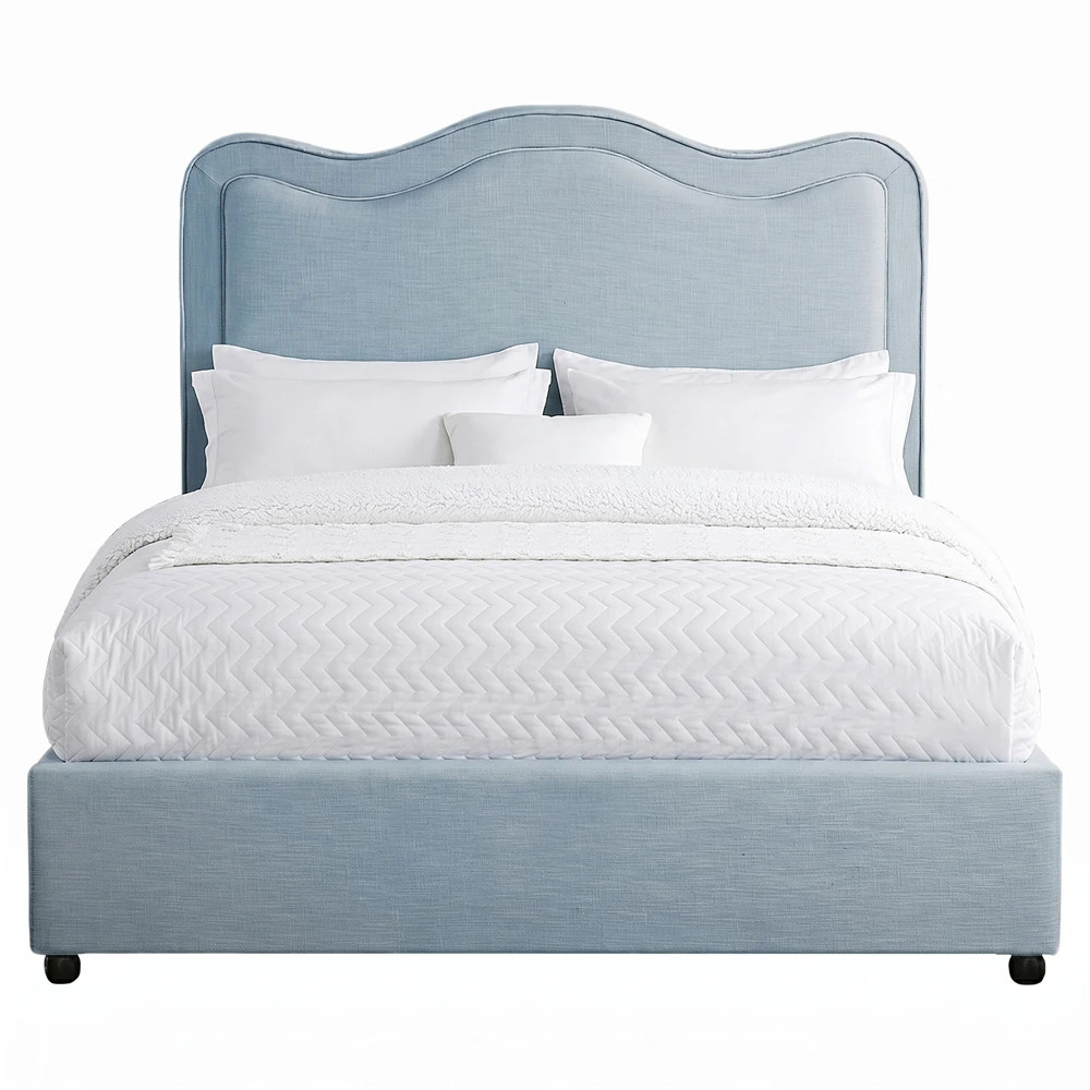 Beckett Modern Classic Light Blue Linen Curved Bed - Queen | Kathy Kuo Home