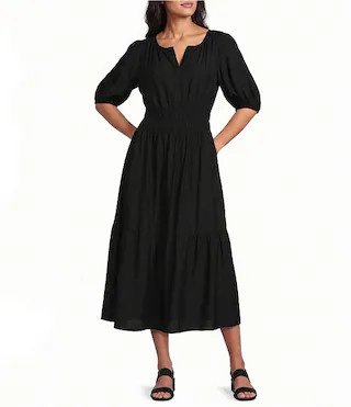 Short Cuff Sleeve Split Round Neck Crinkle Dress | Dillard's