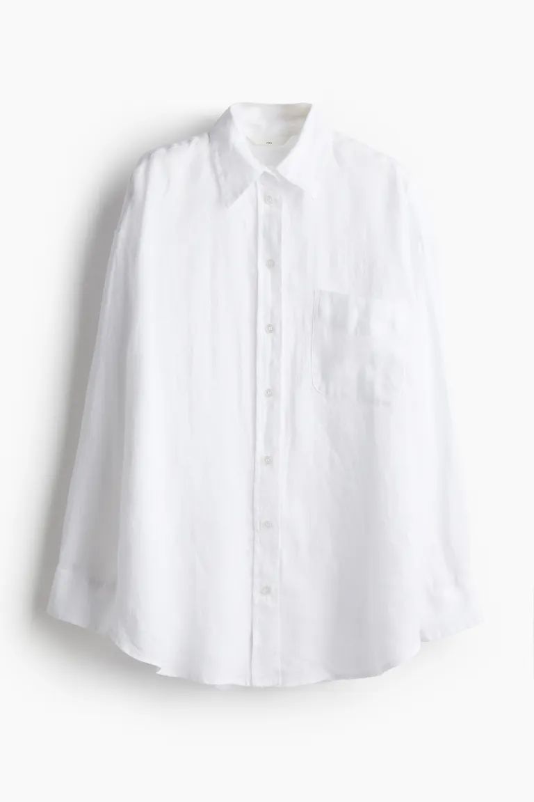 Oversized linen shirt - Long sleeve - Regular length - White - Ladies | H&M GB | H&M (UK, MY, IN, SG, PH, TW, HK)