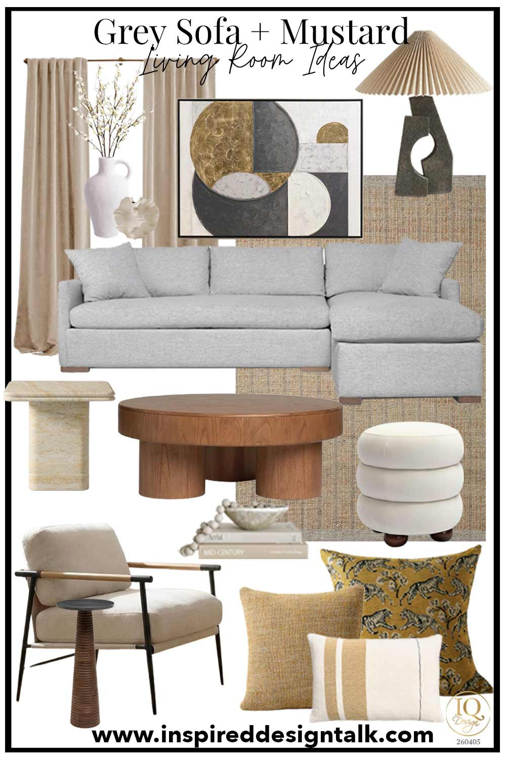 If you’re decorating around a grey sofa, this living room design shows exactly how to warm it up and make it feel designer. This space mixes a neutral grey sectional with warm mustard tones, natural textures, and organic modern furniture for a high-end look on a budget.

Shop this look to recreate a cozy, modern living room with:
• Grey sectional sofa (perfect neutral foundation)
• Mustard accent pillows for a warm color pop
• Neutral ivory and textured throw pillows for layering
• Wood coffee table to add warmth and contrast
• Sculptural side table and drink table for a designer touch
• Boucle ottoman for soft texture and extra seating
• Neutral accent chair with wood + black detailing
• Beige curtains to soften the space and frame the room
• Abstract wall art with grey and gold tones to tie the palette together
• Table lamp with pleated shade for a warm, elevated glow
• Jute or textured area rug to ground the room

This grey sofa living room color scheme works if your space feels too cool or flat. The mustard accents instantly add depth, warmth, and that “finished” designer look without overwhelming your neutral palette.

Perfect for:
grey sofa living room ideas, grey couch decor, living room color schemes, neutral living room ideas, modern organic living room, cozy living room decor, decorating with mustard accents

👉 Shop all the pieces to recreate this look in your home  

 #LTKOver40 #LTKHome #LTKBeauty