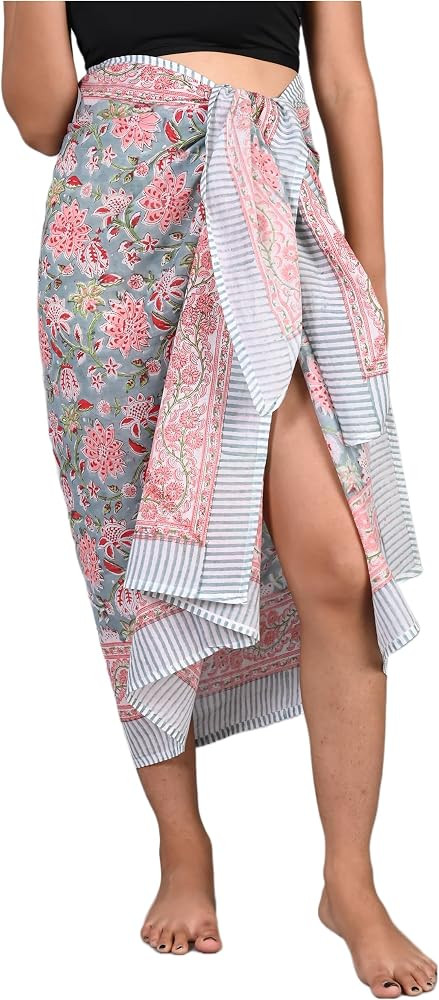 100% Cotton Hand Block Printed Sarong Womens Swimsuit Wrap Cover Up, Beach Bikini Skirt Pareo Sca... | Amazon (US)