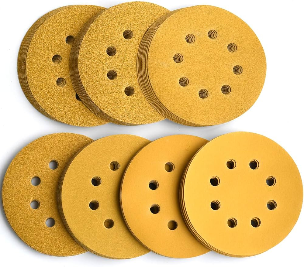 5-Inch 8-Hole Hook and Loop Sanding Discs, 60/80/120/150/220/320/400 Assorted Grits Gold Sanding ... | Amazon (US)