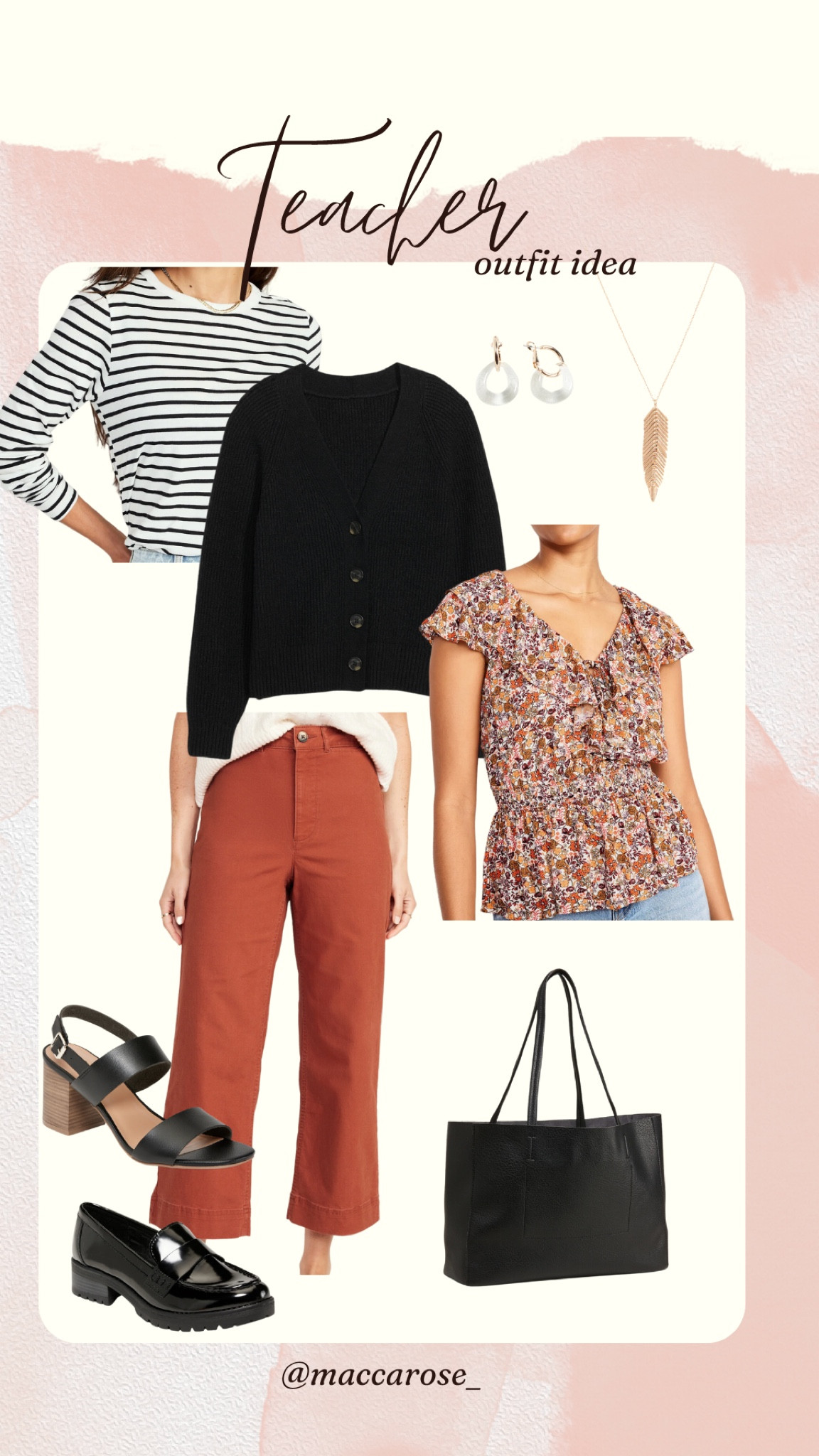 Teacher outfit idea | florals | burnt orange | rust color | black cardigan | black and white striped top | loafers | heels | affordable fashion | workwear | back to school 

#LTKstyletip #LTKBacktoSchool #LTKworkwear