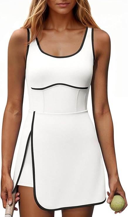 Fisoew Womens Workout Tennis Dress with Built-in Bra & Shorts Pockets Sleeveless Cutout Golf Athl... | Amazon (US)