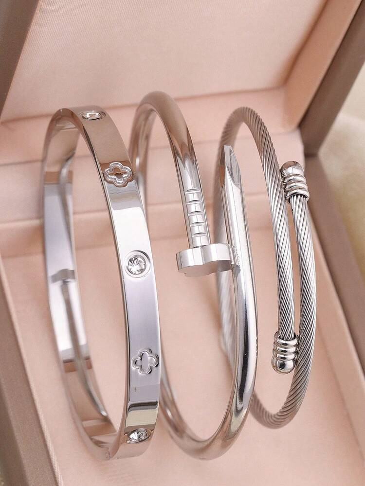 3pcs Set Stainless Steel High Quality Flower Zirconia Bangle Bracelets, Fashionable Jewelry Suit For Daily Wear | SHEIN