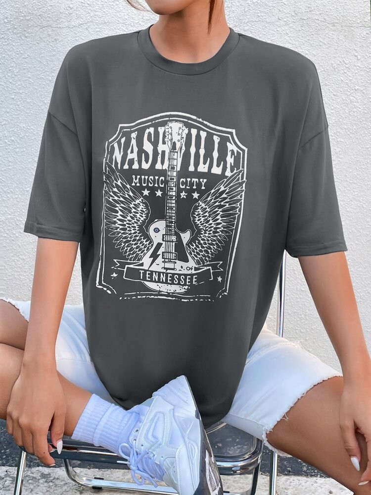 SHEIN EZwear Wing & Guitar Graphic Drop Shoulder Tee | SHEIN