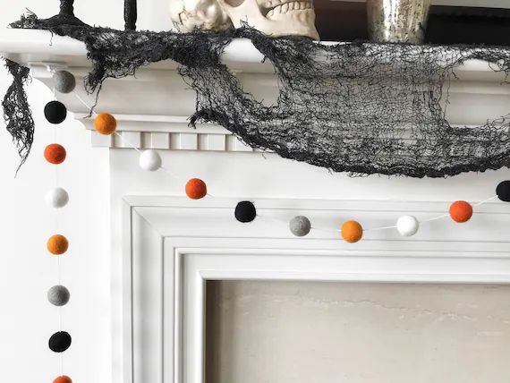 Halloween Garland, Orange Grey and Black Felt Ball Garland, Ghost and Pumpkin Pom Pom Garland, Ha... | Etsy (US)