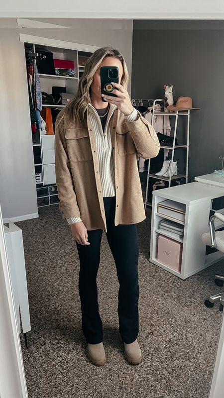 casual fall fit. steve madden howler boot. tan shirt jacket. flare legging. 1/4 zip sweater. gift ideas for her. gift list idea. 



#LTKunder100 #LTKHoliday #LTKSeasonal