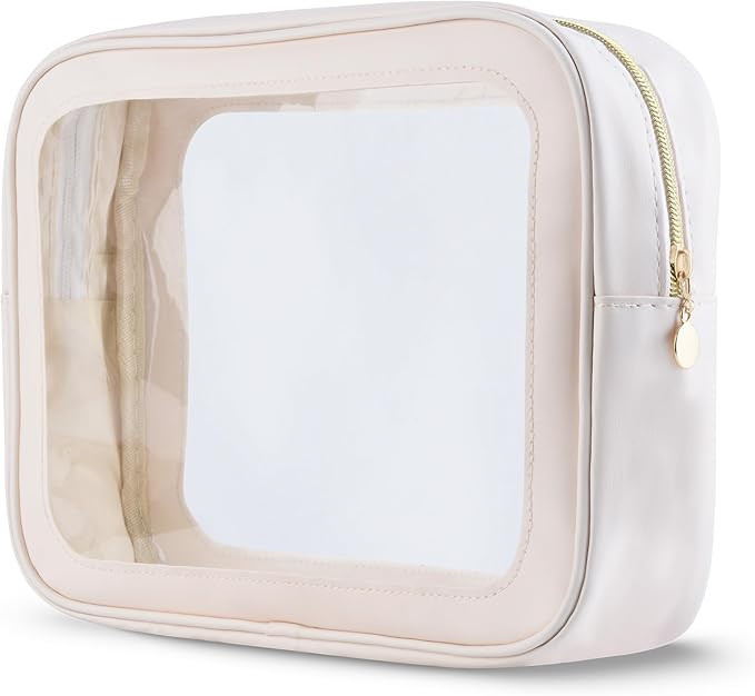 Clear Makeup Bag for Women, Large 11-Inch Transparent Travel Toiletry Bag, PU Leather Cosmetic Po... | Amazon (US)