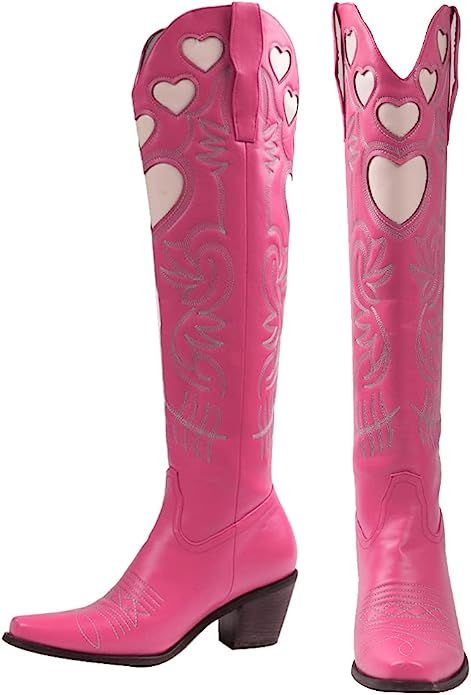 Furcross Womens Sweet Heart Chunky Heels Mid Calf Boots Western Cowgirl Cowboy Knee High Boots | Amazon (US)