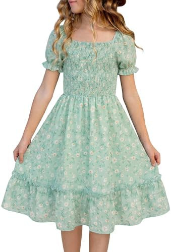 Girls Summer Floral Smocked Dress Square Neck Puff Sleeve Ruffle School Party Teen Sundress 6-14 ... | Amazon (US)
